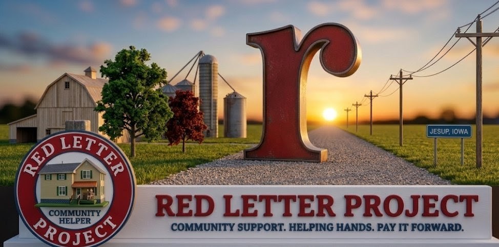 Illustrated Iowa sunset road with a red letter sign: Red Letter Project — Community Support, Helping Hands, Pay It Forward.