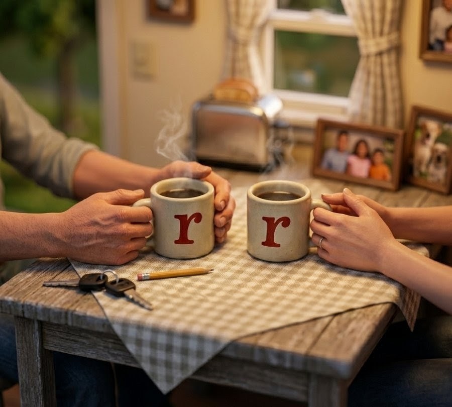 Two neighbors holding mugs with the red letter mark in a warm kitchen.