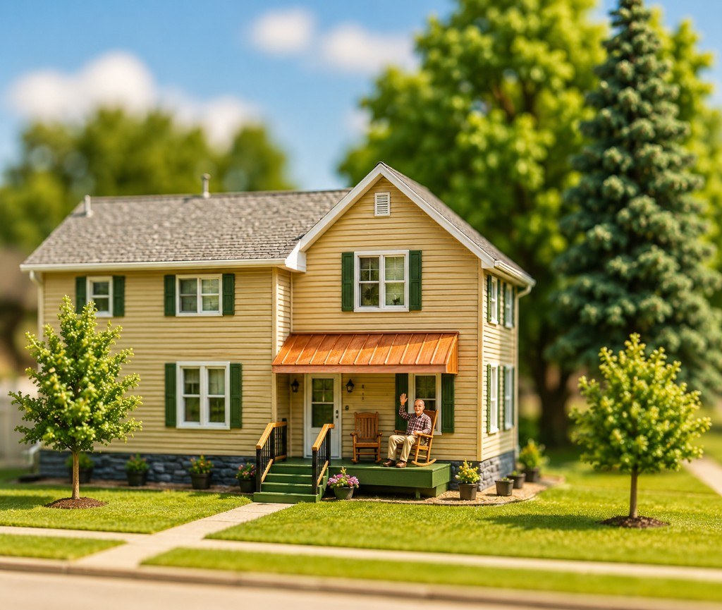 A small farmhouse with a neighbor waving from the porch.