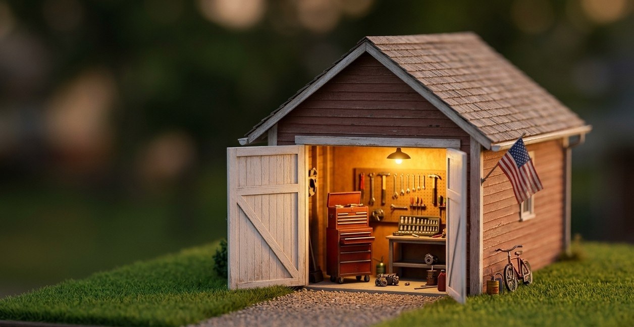 A red workshop shed with open doors and tools ready for hands-on help.